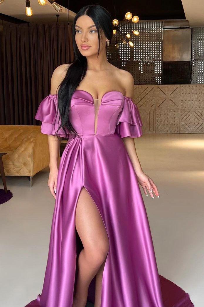 Chic Purple Satin Off the Shoulder Strapless Split Prom Dress with Ruffles | Zelldresses