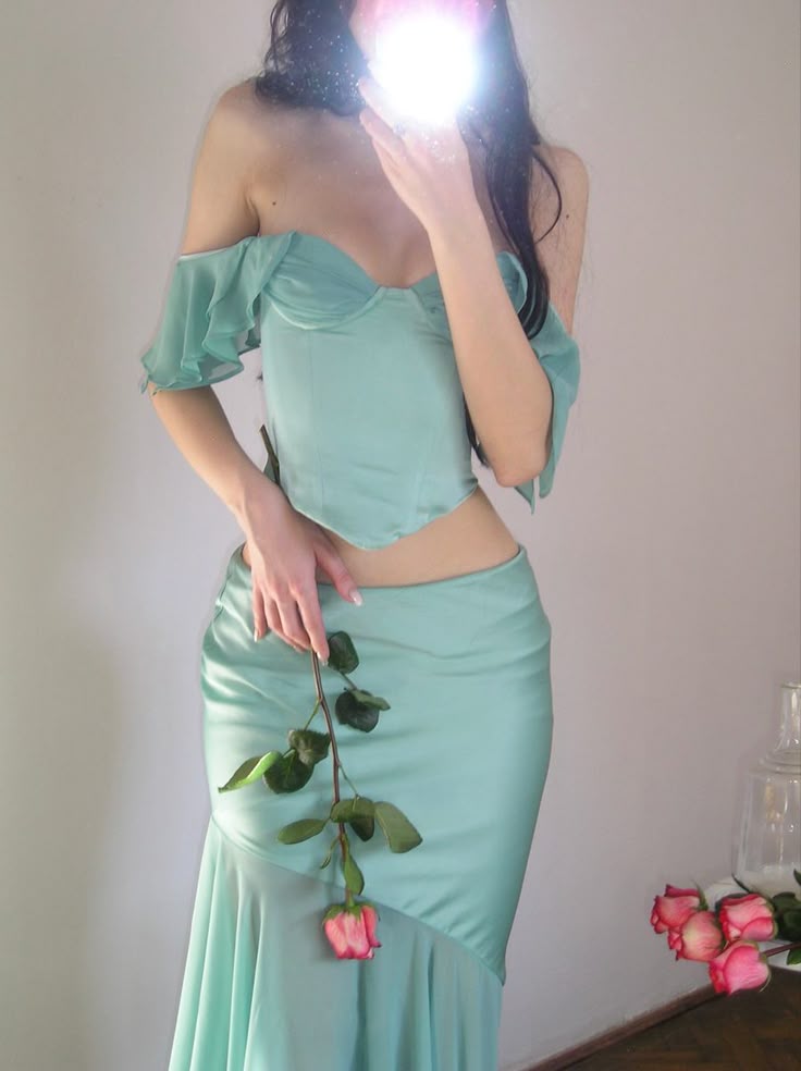 Gentle Mermaid Off the Shoulder Two Piece Chiffon Satin Party Dress Evening Dress SH2862