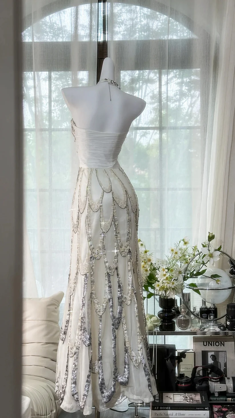 White Beaded Sparkling Ball Gown Long Chiffon Ball Gown Evening Gown Birthday Gown Wedding Gown SH3437