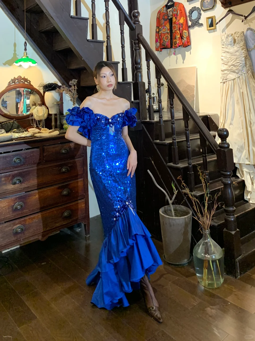 Gorgeous Mermaid Off the Shoulder Blue Sequin Satin Long Prom Dress Evening Dress SH2975