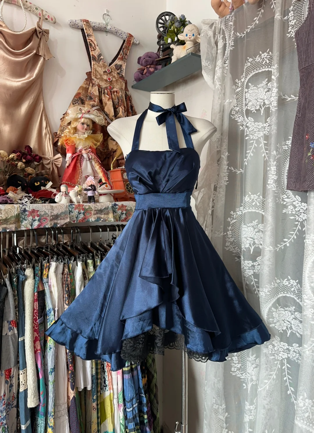 A Line Halter Bow Lace Navy Blue Satin Short Homecoming Dress Cocktail Dress SH2998