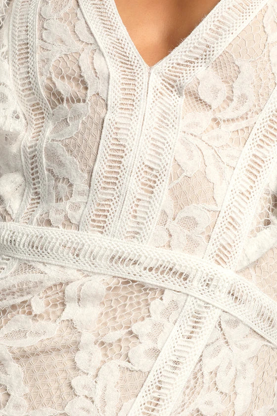 Deep V Neck Sleeveless White Lace Ruffled Wedding Dress With Slit