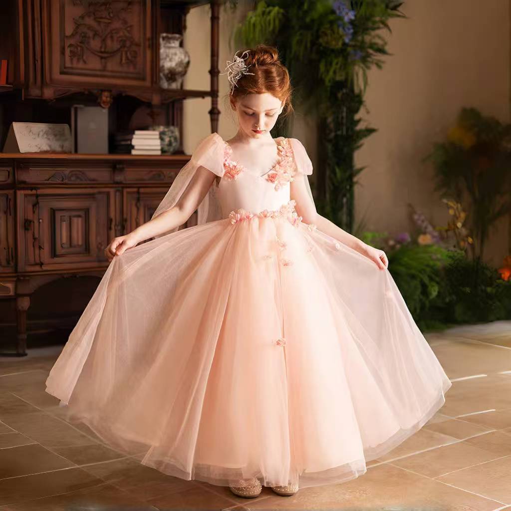 Elegant Blush Girl Dress Handmade Flower Birthday Gown J142
