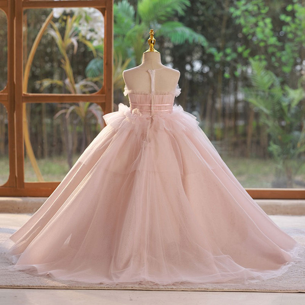 Elegant Pink Girl Dress with Sashes Princess Kids Gown J210