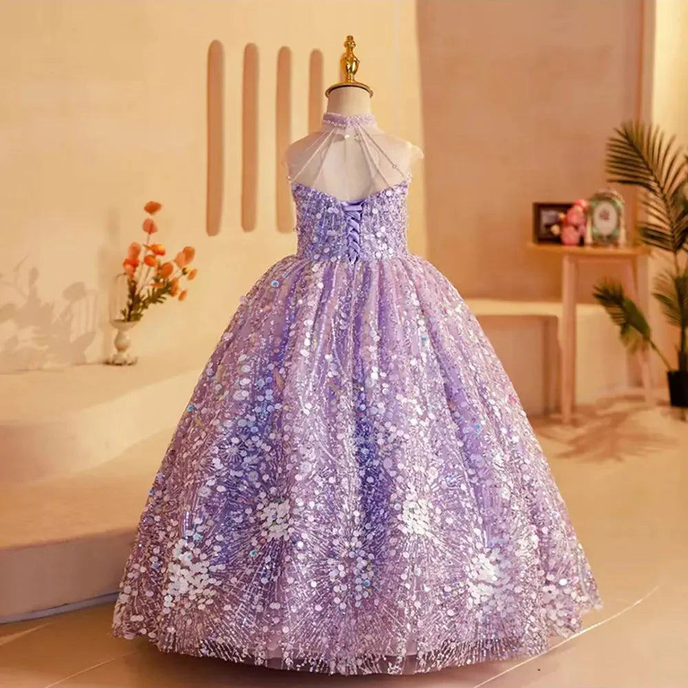 Elegant Shiny Dubai Lilac Girl Dress Beading Princess J242