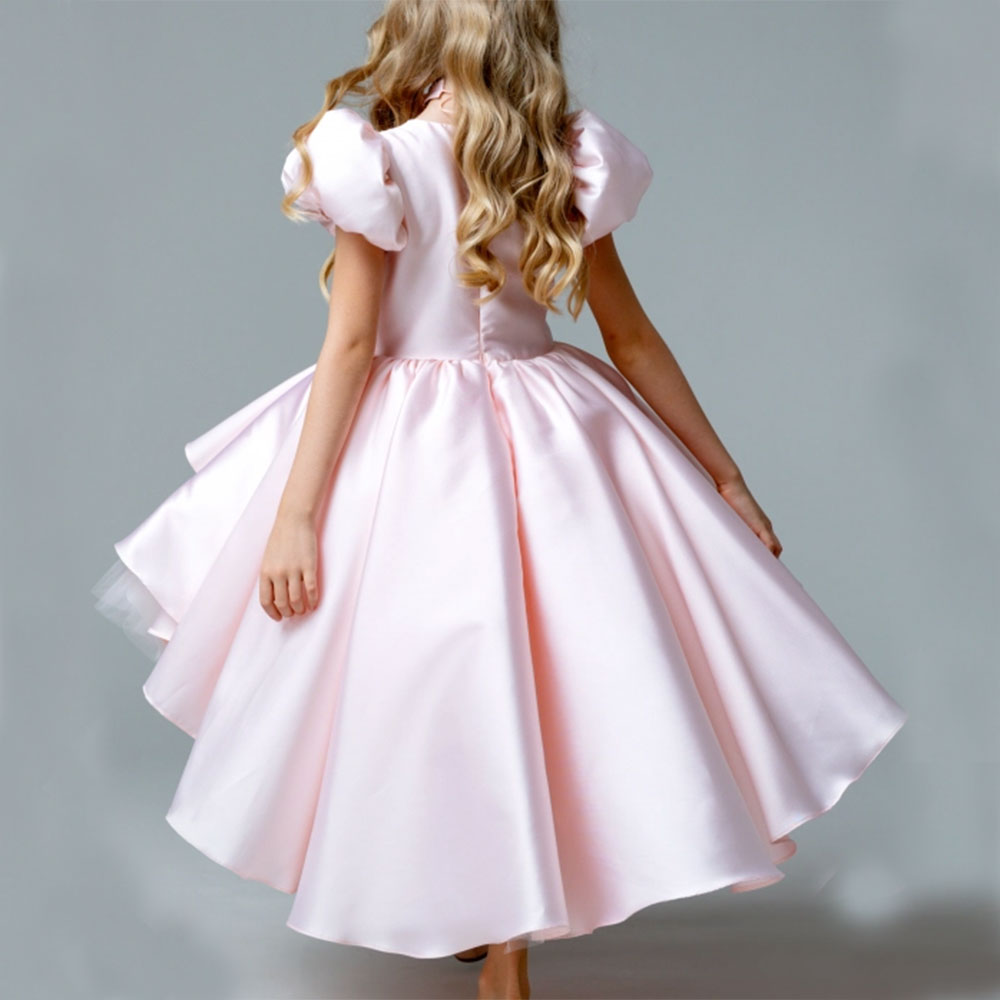 Elegant Square Collar Pink Girl Dress with 3D Flowers Satin Ball Gown J339