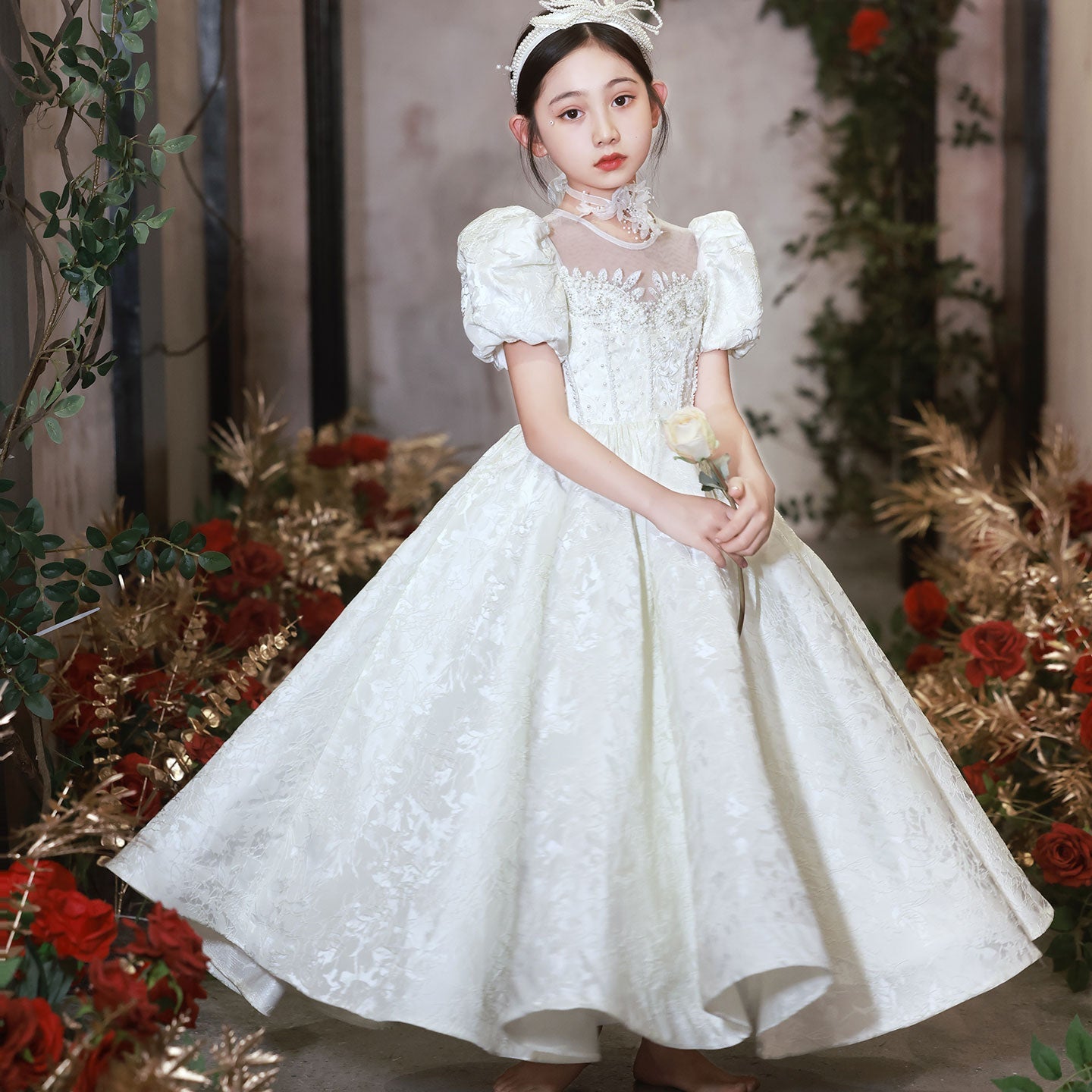 Elegant White Flower Girl Dresses Luxury Beading Puff Sleeve J092