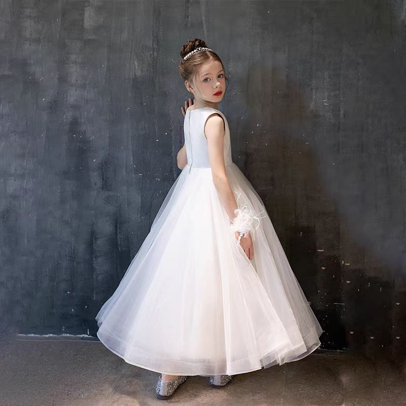 Elegant White V-Neck Girl Dress A-Line Princess Birthday Gown J290