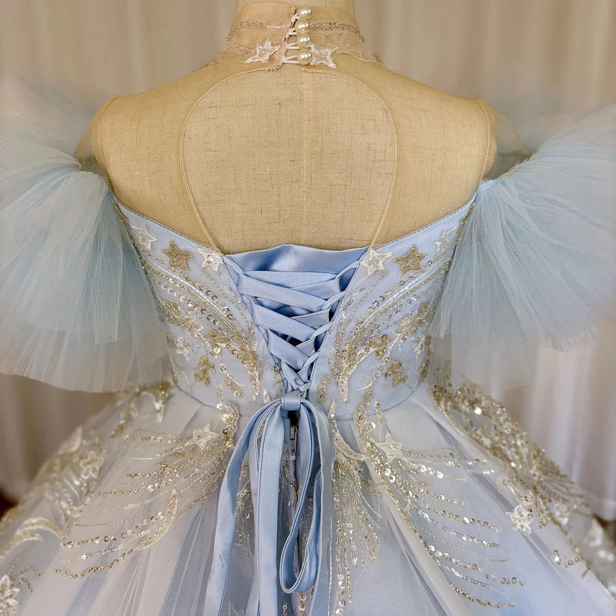 Luxury Arab Sky Blue Girl Dress Beaded Dubai Kids Princess J220