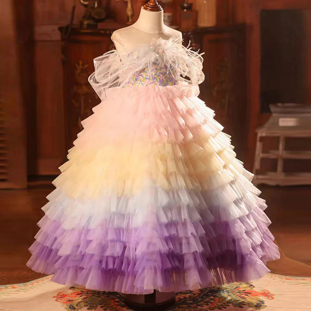 Luxury Arabic Colorful Girl Dress Feathers Baby Children Clothes J212