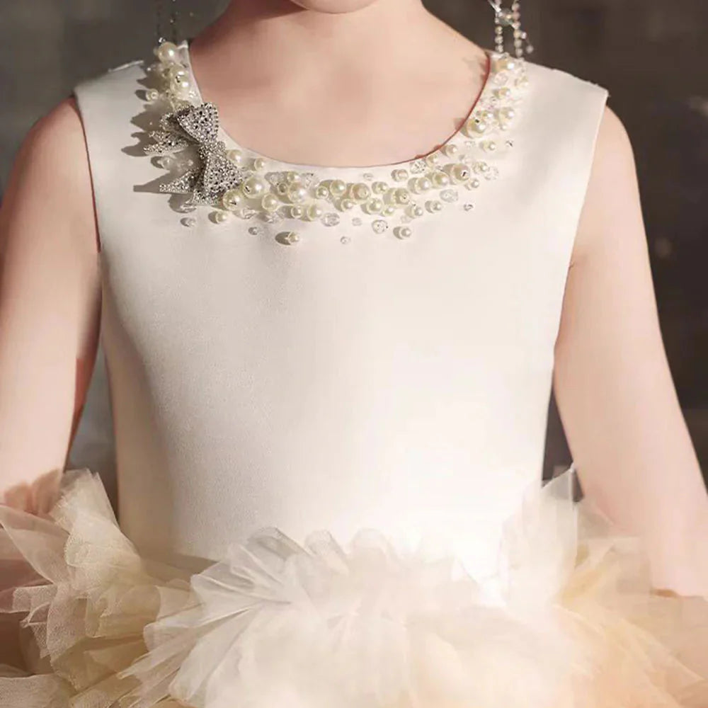 Luxury Champagne Arabic Girl Dress Pearls Dubai Kids J259