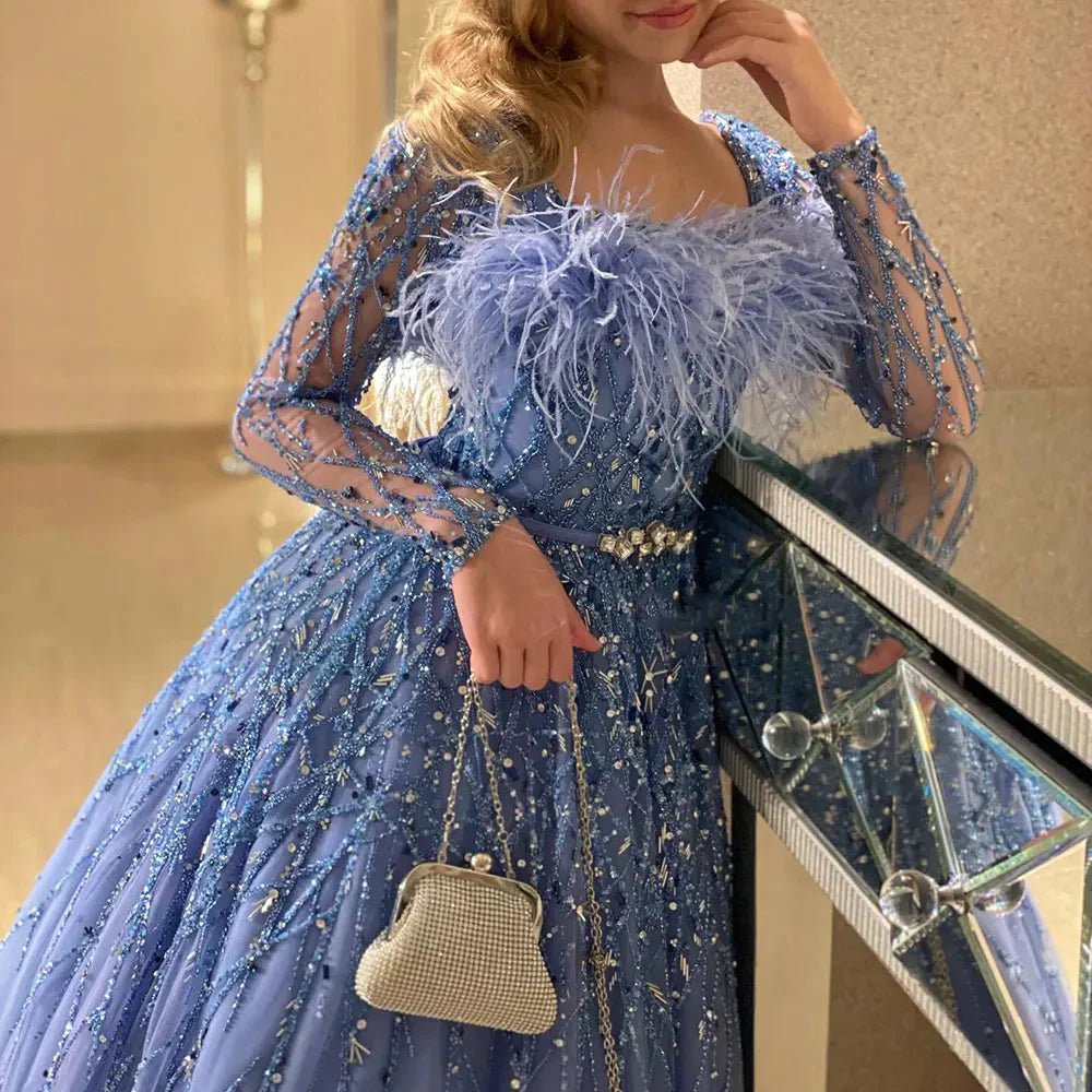 Luxury Dubai Blue Girl Dress Feathers Beaed A-Line Gown J369