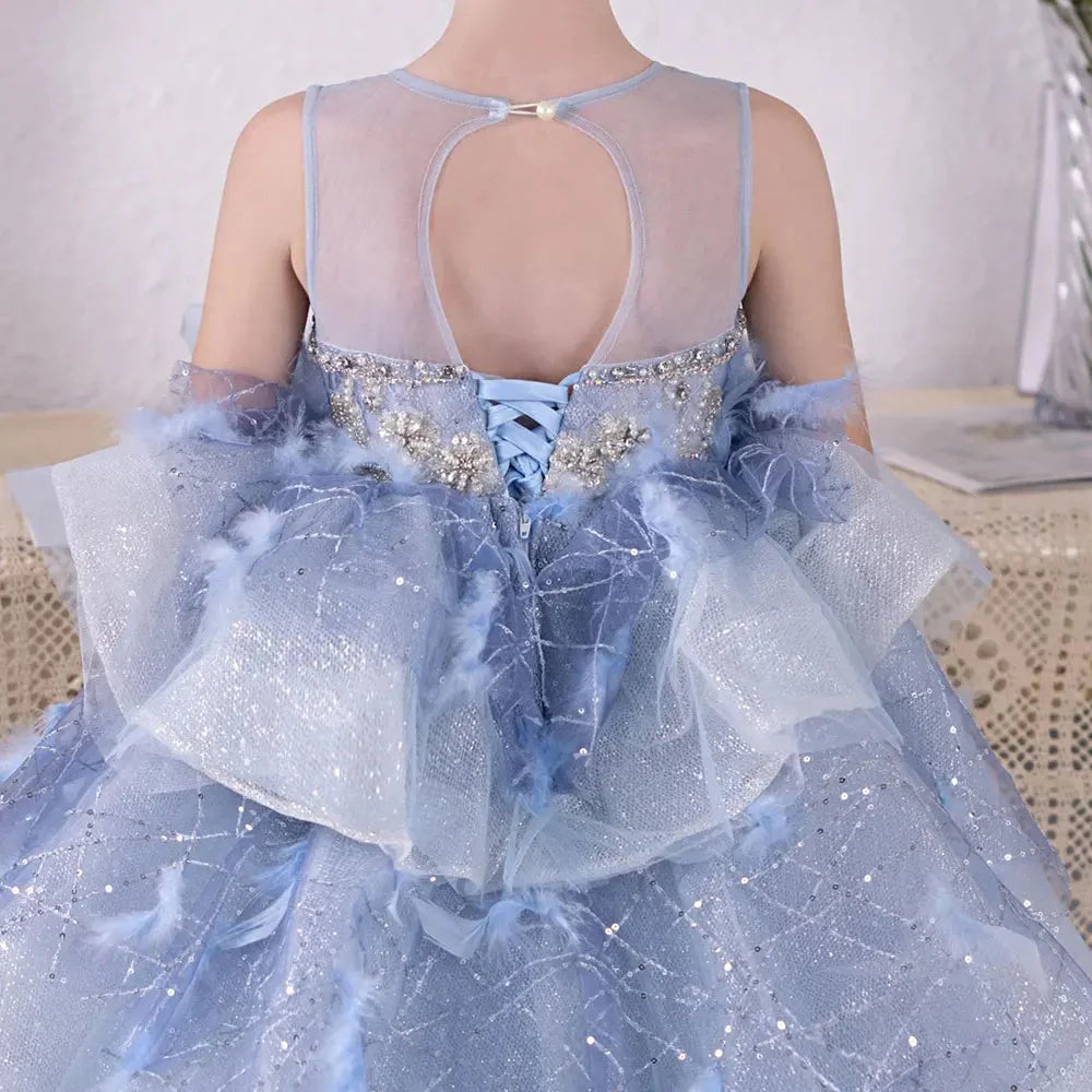 Luxury Dubai Sky Blue Flower Girl Dresses Beading Feathers J134