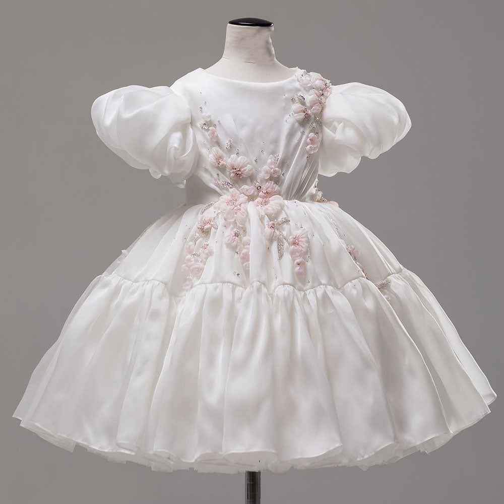 Luxury Dubai White Girl Dress 3D Flowers Beading Ball Gown J348