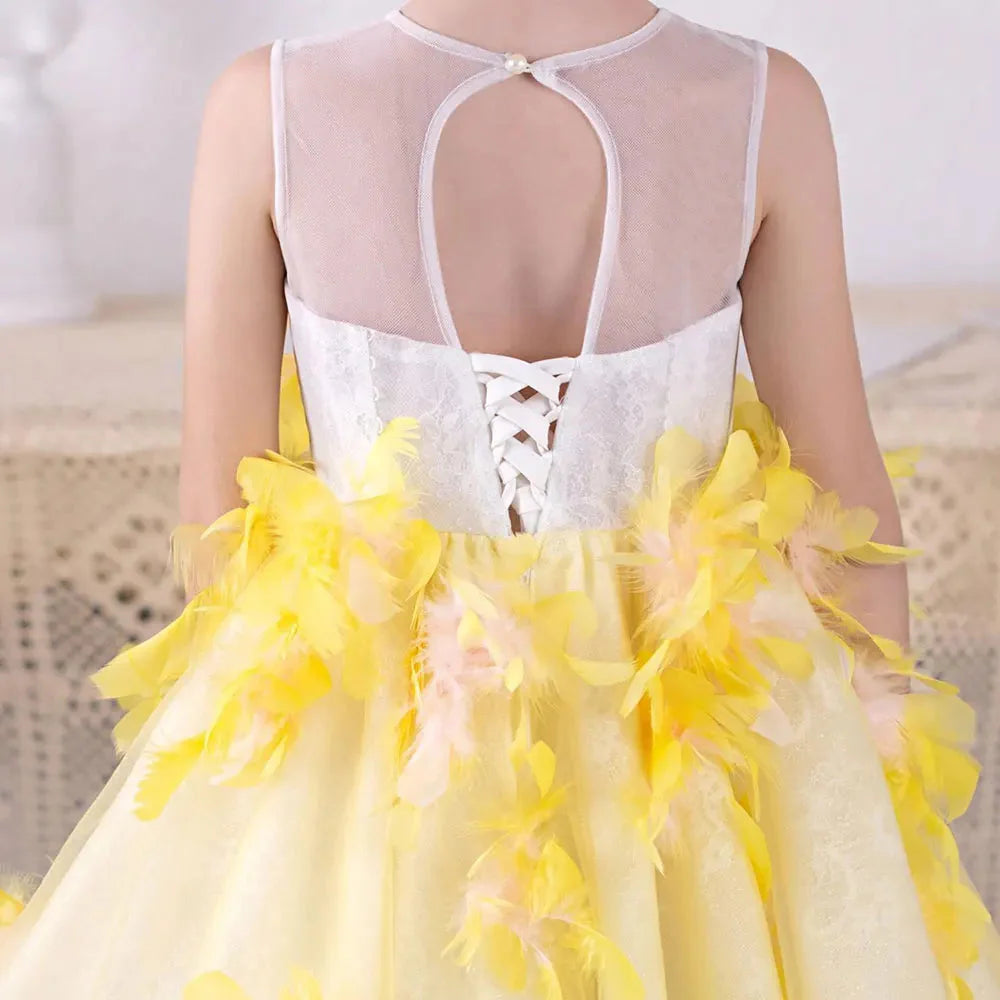 Luxury Flower Girl Dresses Yellow Feathers Princess Gown J133