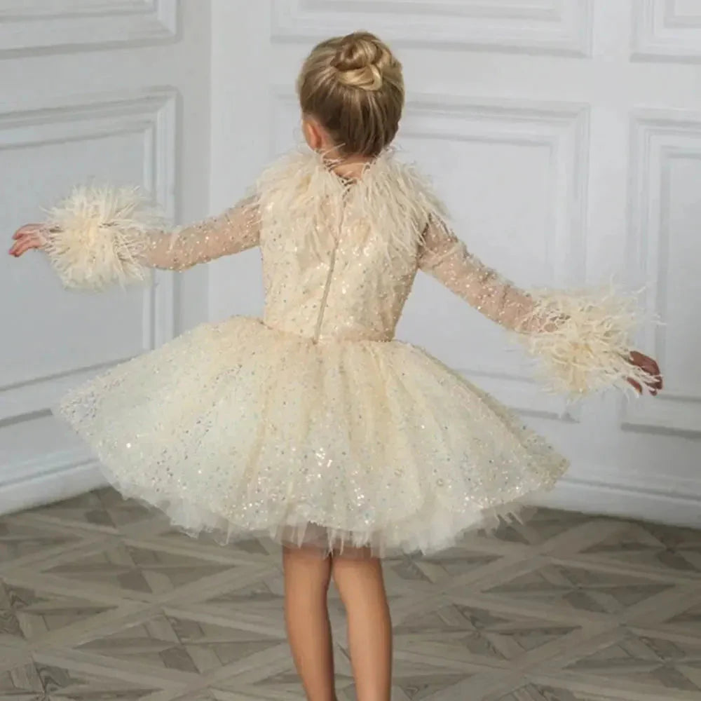 Luxury Gold Girl Dress Feathers Sequined Dubai Kids Wedding J320