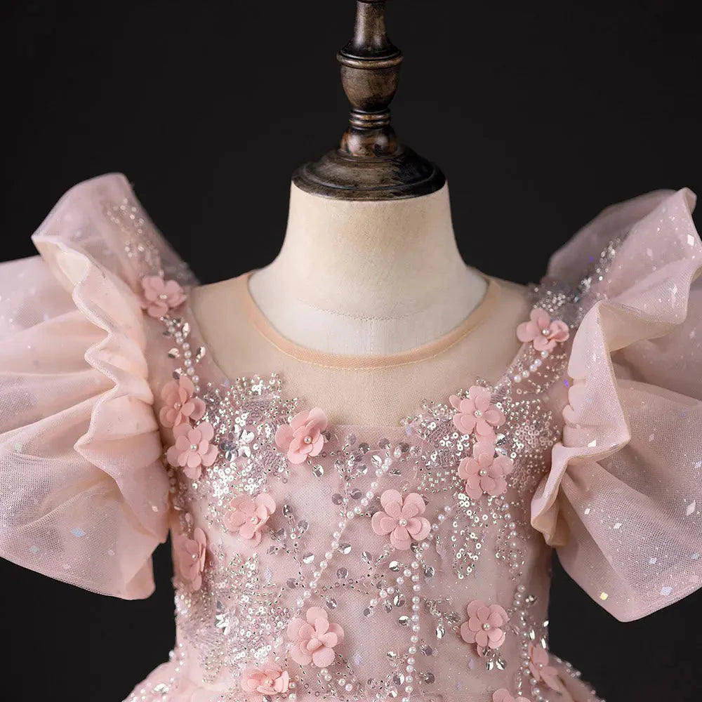 Luxury Pink Dubai Girl Dress 3D Flowers Pearls Arabic Princess J384