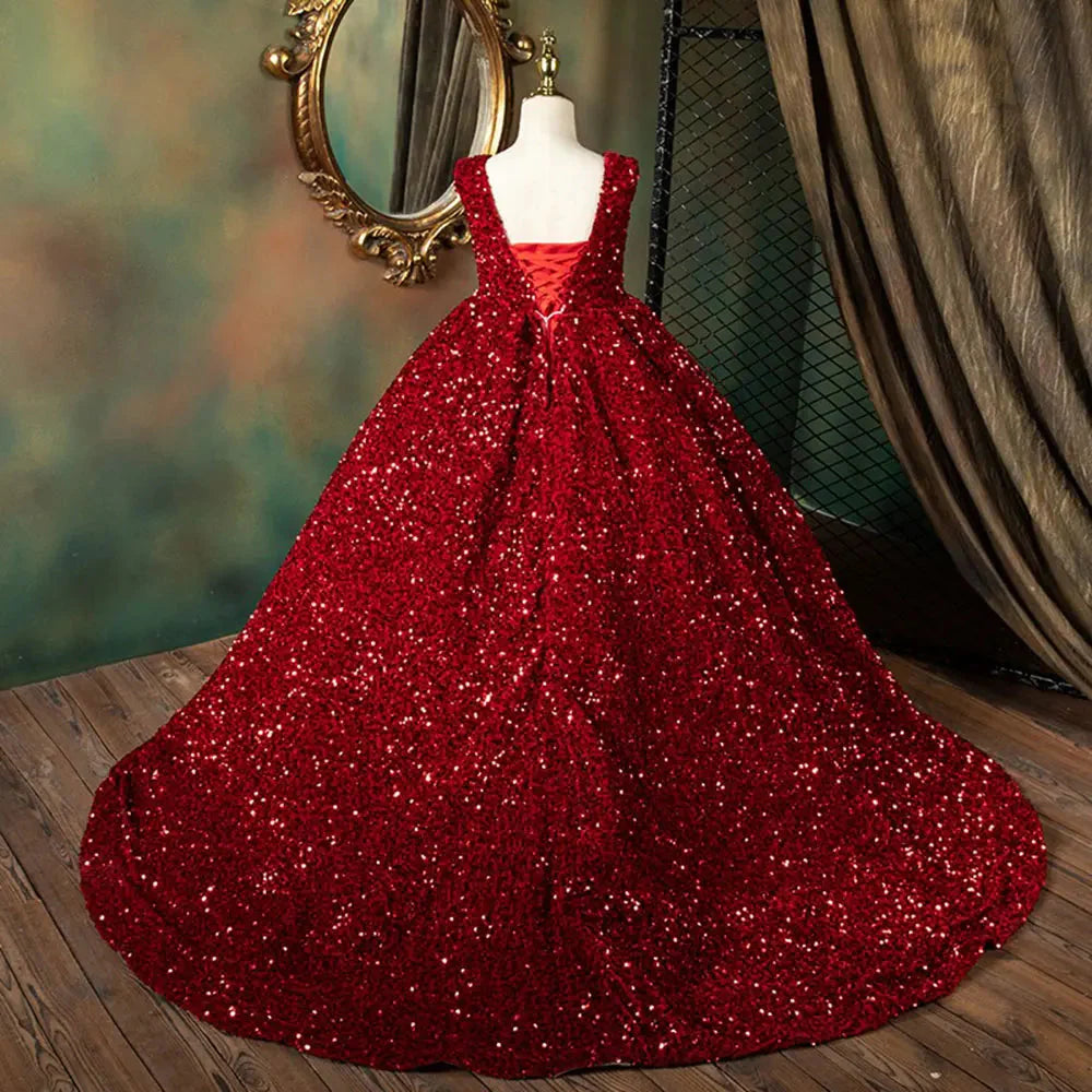 Luxury Shiny V-Neck Burgundy Girl Dresses Princess Gown J087