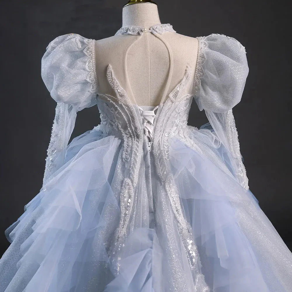 Luxury Sky Blue Flower Girl Dresses Beading Princess Evening Gown J044