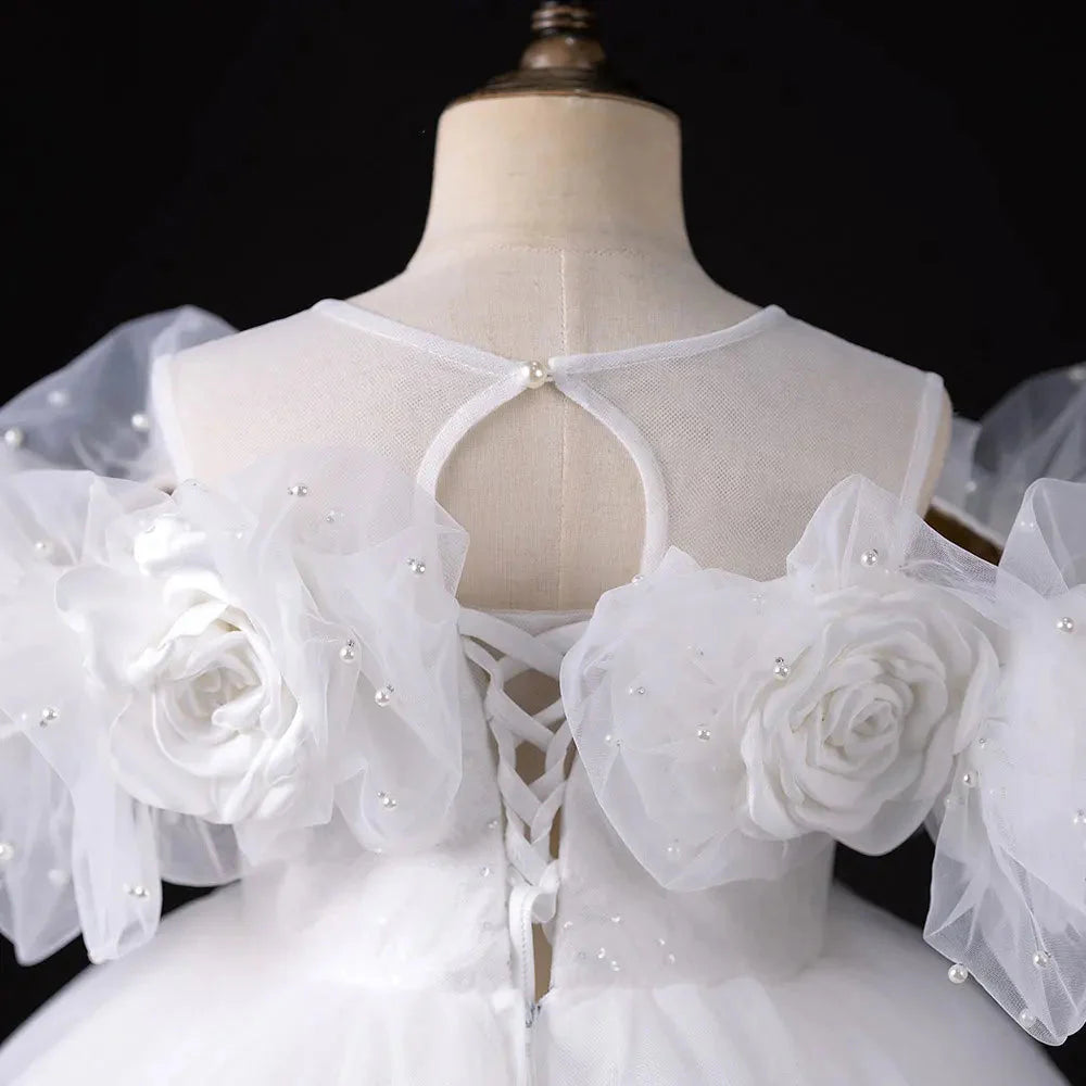 Luxury White Girl Dress Handmade Flowers Arabic Princess J005