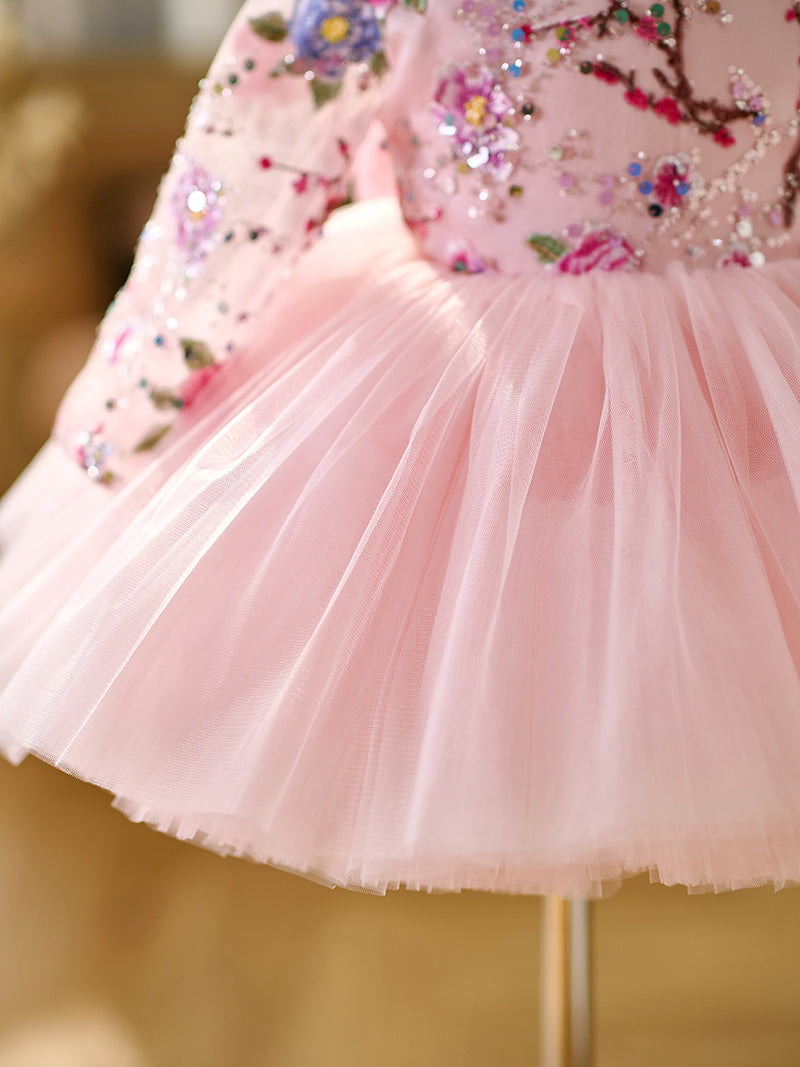 Pink Baby Lace Long Sleeve Adorable Baby Birthday Girl Dress J054