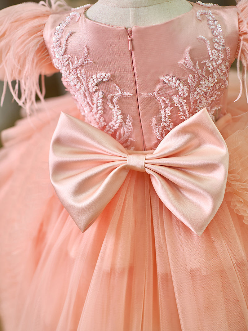 Pink Baby Puffy Sleeve Beads Knee Length Birthday Girl Dress J045