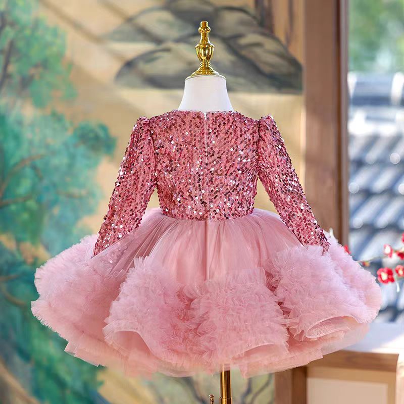 Long Sleeve Sequins Knee Length 1st Birthday Girl Dress J359