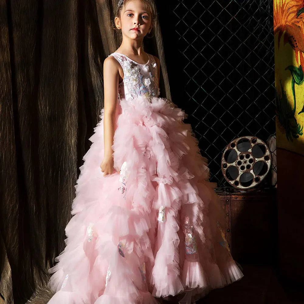 Pink Luxury Kids Girl Dress Appliques Tiered Princess Gown J010