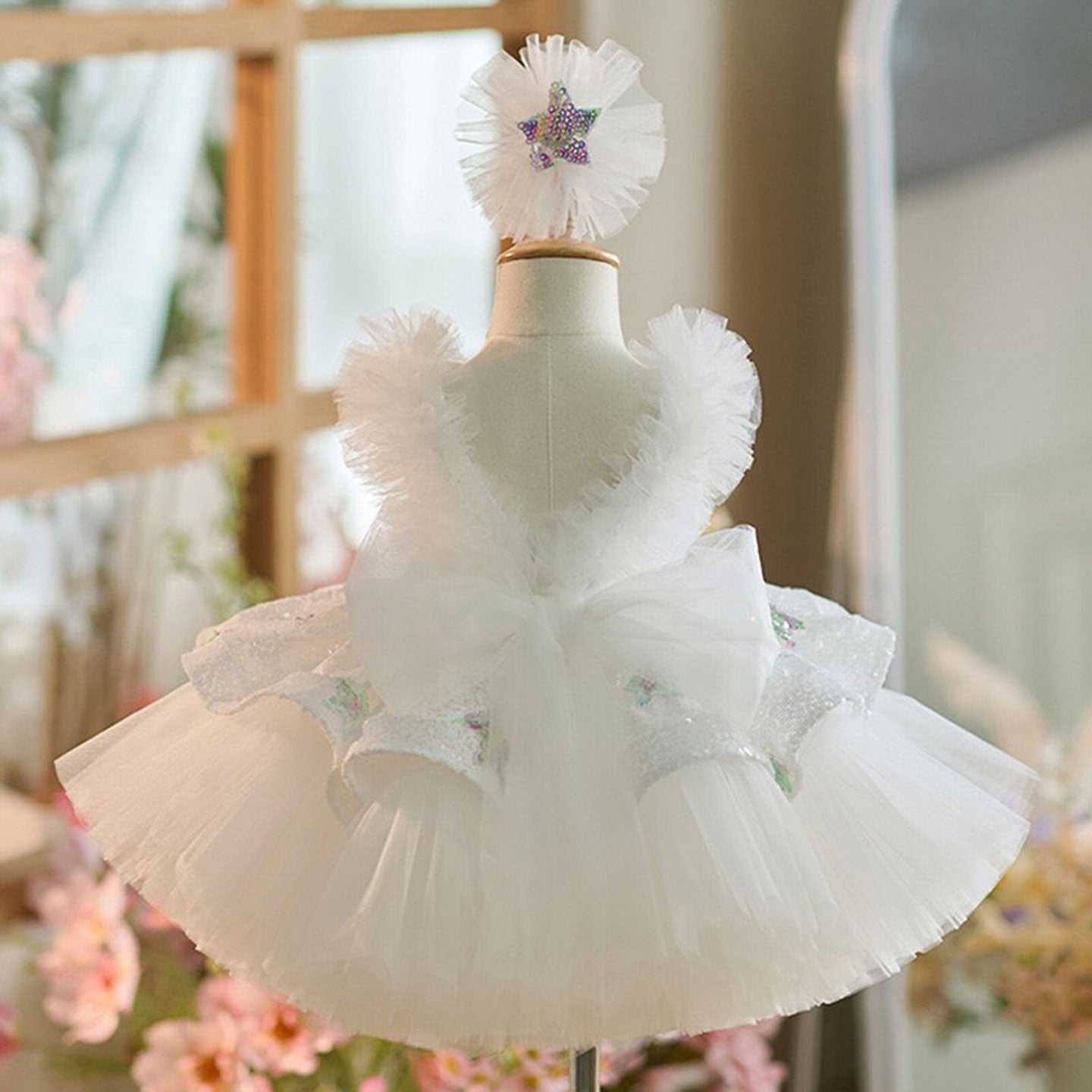 Sequins White Flower Girl Dress Knee Length Arabic Princess Gown J281