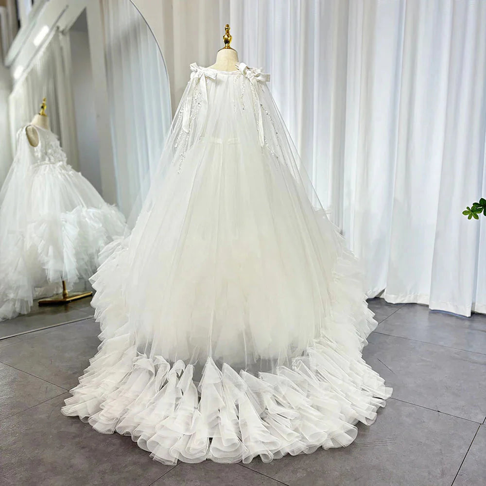 White Flower Girl Dress Beading Pearls with Cape Princess J070