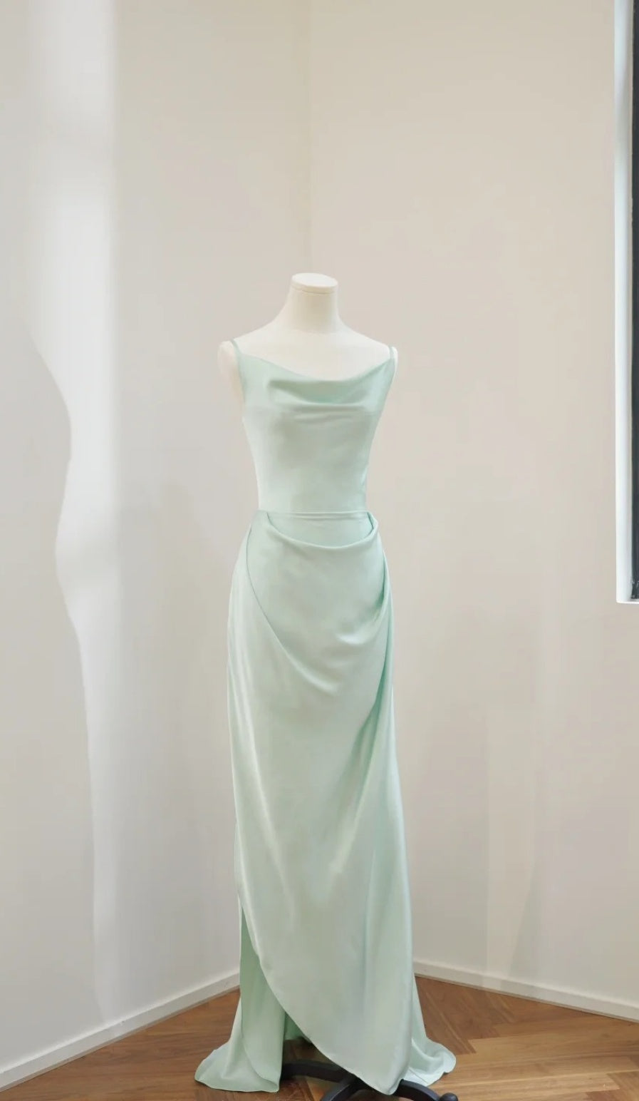 Elegant Off-the-shoulder Sheath Satin Formal Dresses, Mint Green Bridesmaid Dresses EW051