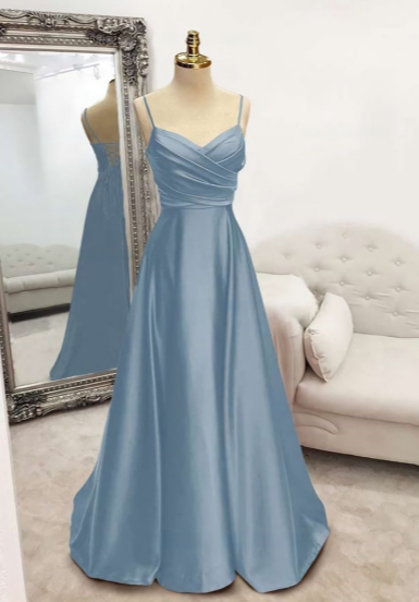 Elegant A Line Spaghetti Straps Satin Pleated Long Prom Dress,Bridesmaid Dress,Evening Dress GG1723