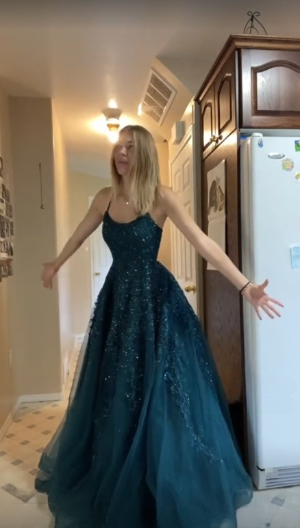 Charming A Line Spaghetti Straps Tulle Applique Beaded With Pocket Long Prom Dress,Evening Dress GG1742