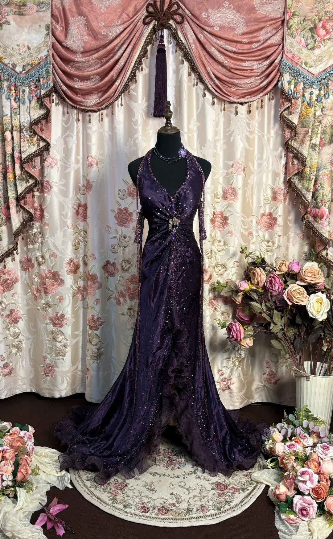 Dark Purple Mermaid Halter Satin Beads Long Prom Dress,Party Dress,Formal Evening Dress GG4853