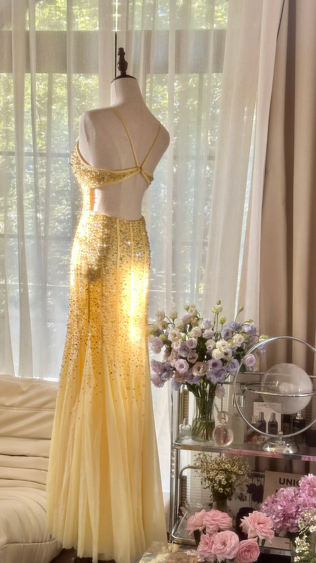 Light Yellow Mermaid Spaghetti Strap Sequin Beaded Chiffon Open Back Party Dress Evening Dress SH2934