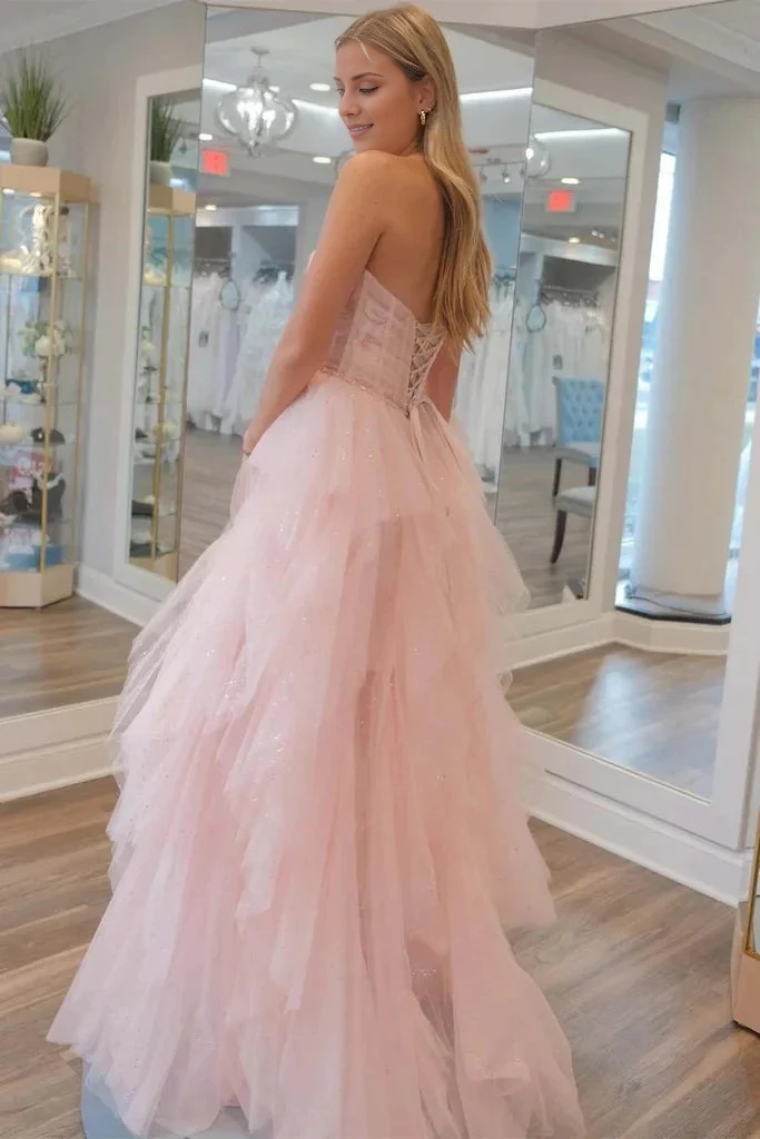 Off-the-Shoulder Multi Layer Strapless Sequin Beaded Tulle Stunning Light Pink Prom Dresses