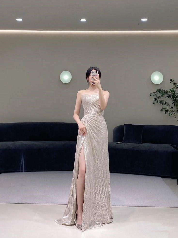 Pretty A Line Strapless Sequin Evening Dress Long Slit Prom Dresses P2331