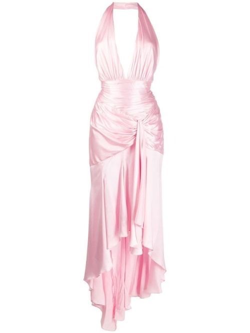 Modest High Low Halter Satin Long Evening Dress Party Dress Formal Dress Pink Prom Dresses P2369