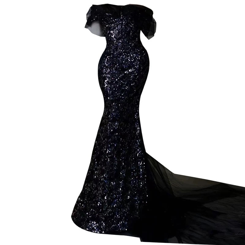 Sexy Mermaid Off The Shoulder Cap Sleeves Sequin Floor Length Black Prom Dresses P2399
