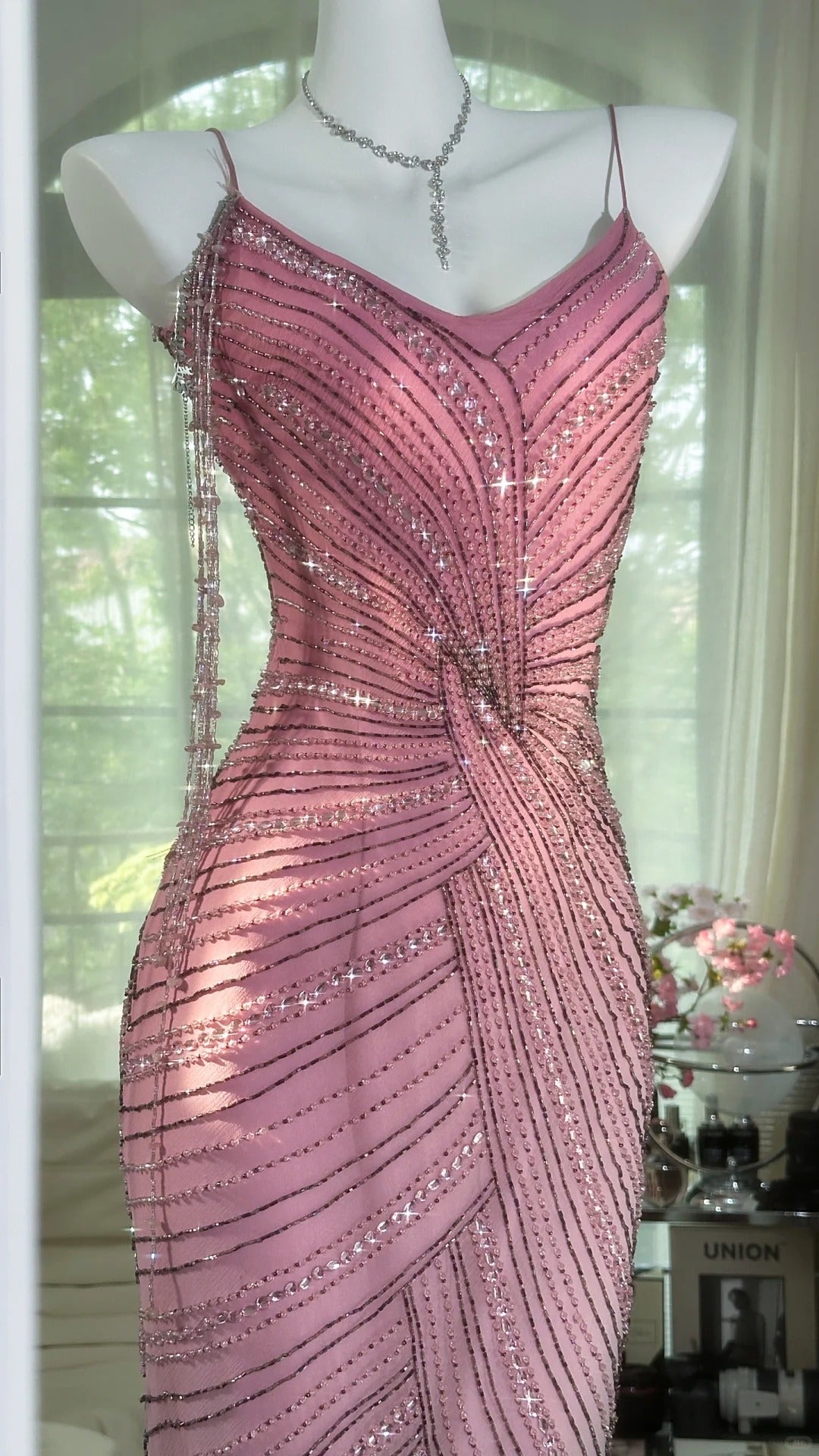 Luxurious Heavy Pink Tassel Beaded Mermaid Prom Dress P3270