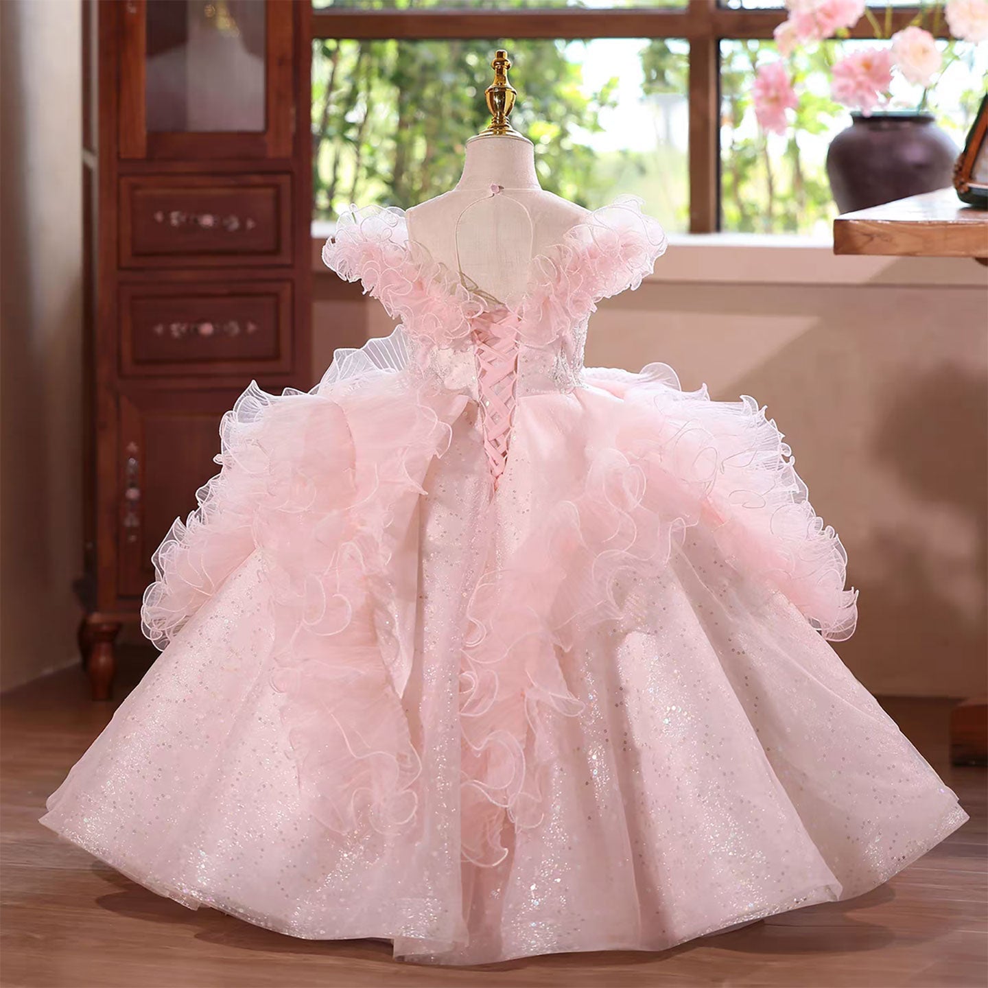 Luxury Pink Flower Girl Dress with Ruffles and Glitter Tulle D138