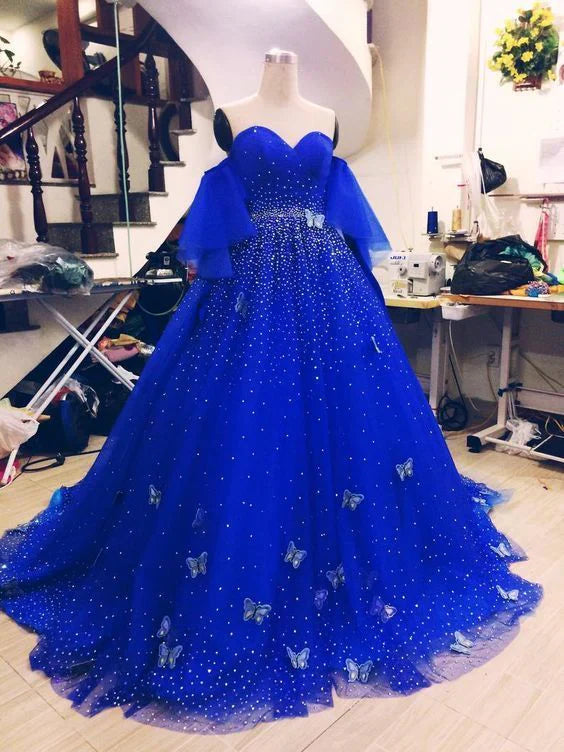 Crystals Princess Dress Blue Prom Dress gh951