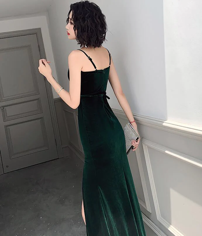 Dark Green Velvet Long Straps Floor Length Party Dress, Green Prom Dress Formal Dress gh33