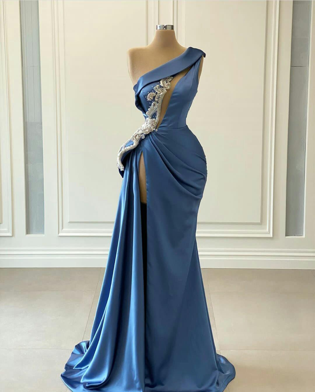 blue prom dresses, pearls prom dresses, keyhole prom dresses, satin prom dresses, one shoulder prom dresses, gh2054