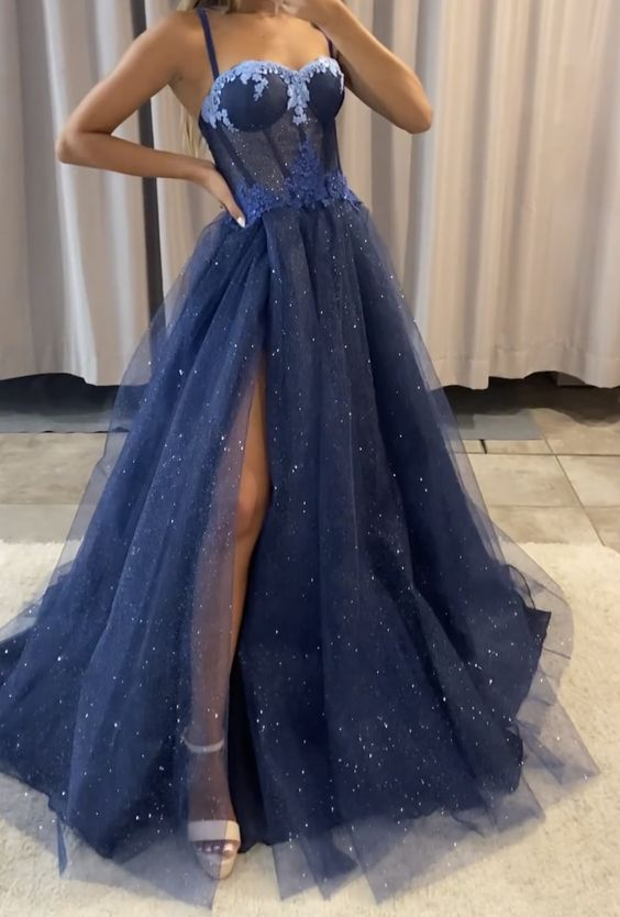 A line dark blue prom dress with slit shining evening gown gh2744
