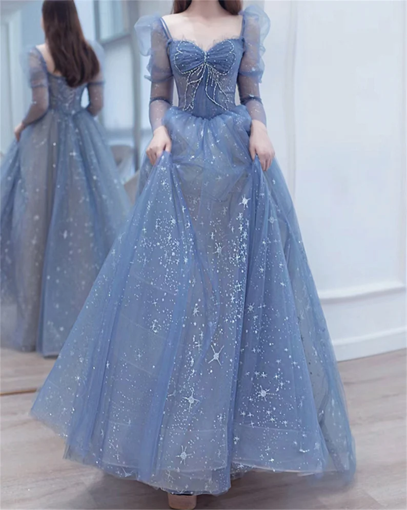 Blue prom dress long Fairy ball gown dress Long sleeves prom dress Sparkle rhinestone dress Romantic star print evening dress cg24826