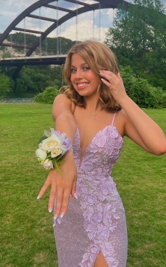 Spaghetti Straps Flower Pink Prom Dress With Slit gh2858