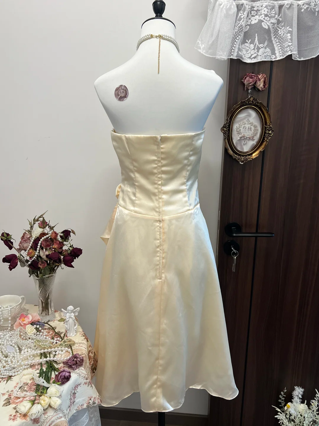 Simple A Line Strapless Flower Champagne Satin Short Homecoming Dress Cocktail Dress SH2990