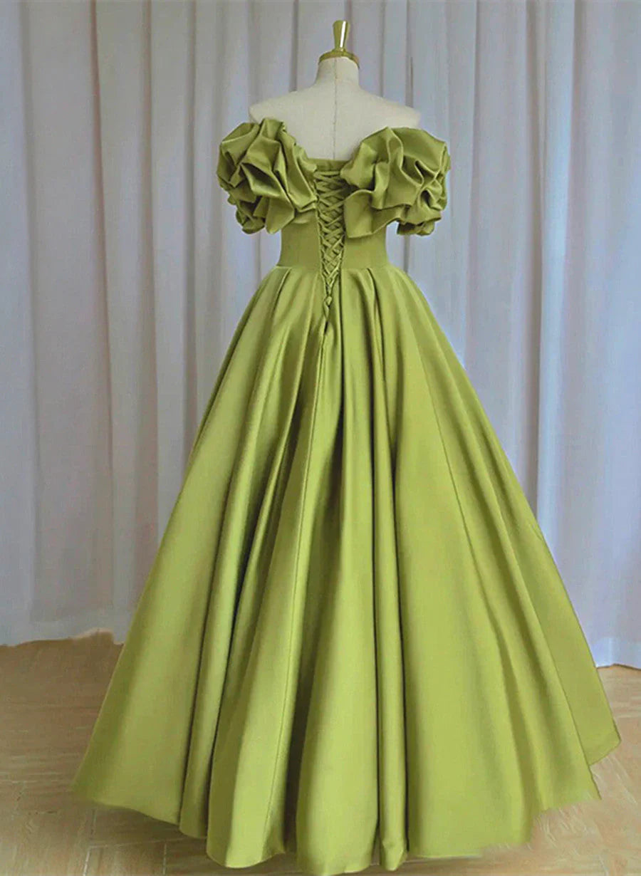 Light Green Satin Long Off Shoulder Lace-Up Party Dress, Green Prom Dress TP1280