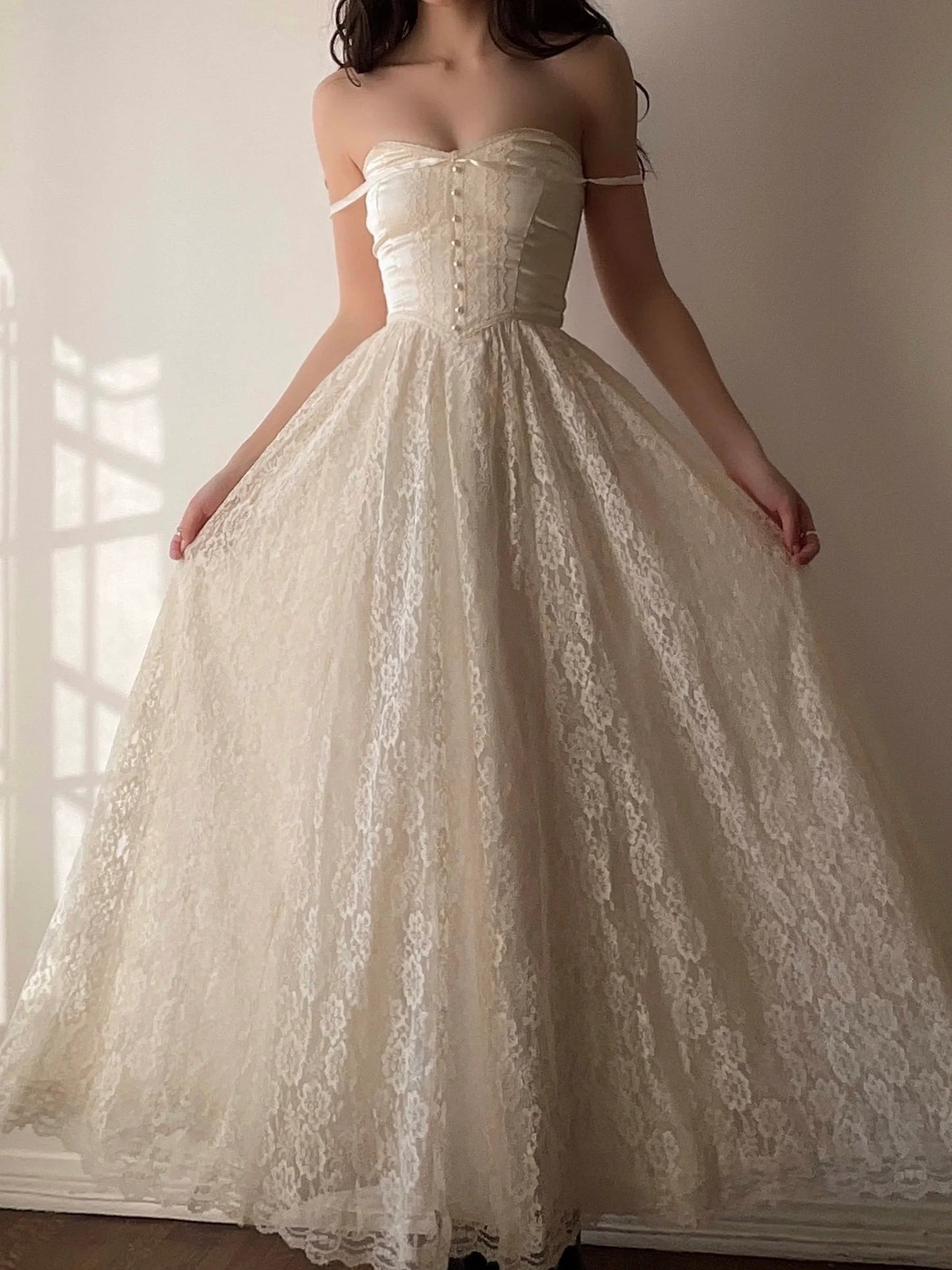 Vintage Ivory Spaghetti Strap Lace A-Line Prom Dress Wedding Dress TP2530